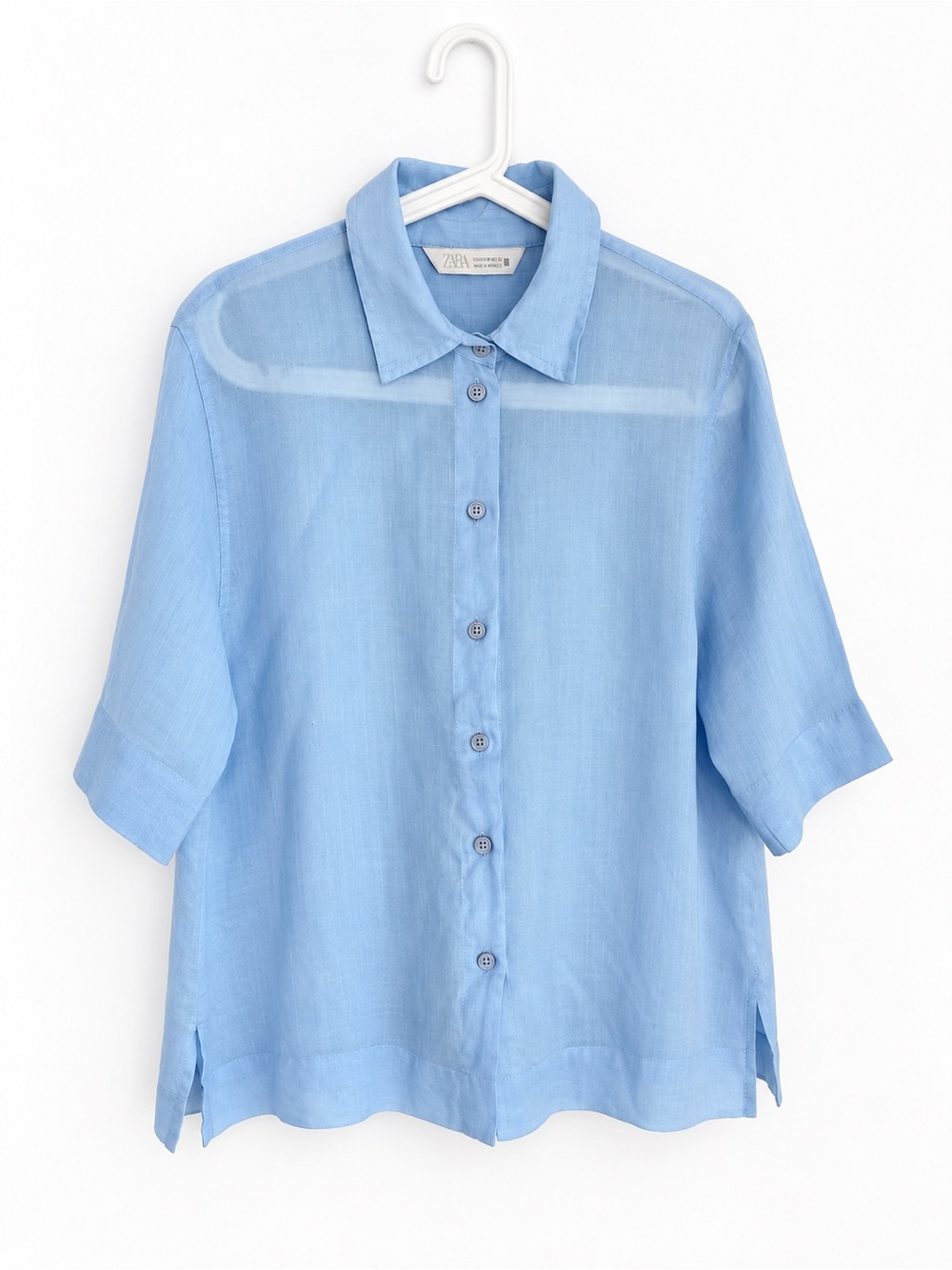Zara Light Blue Oversized Linen Short Sleeve Button-Down Shirt M